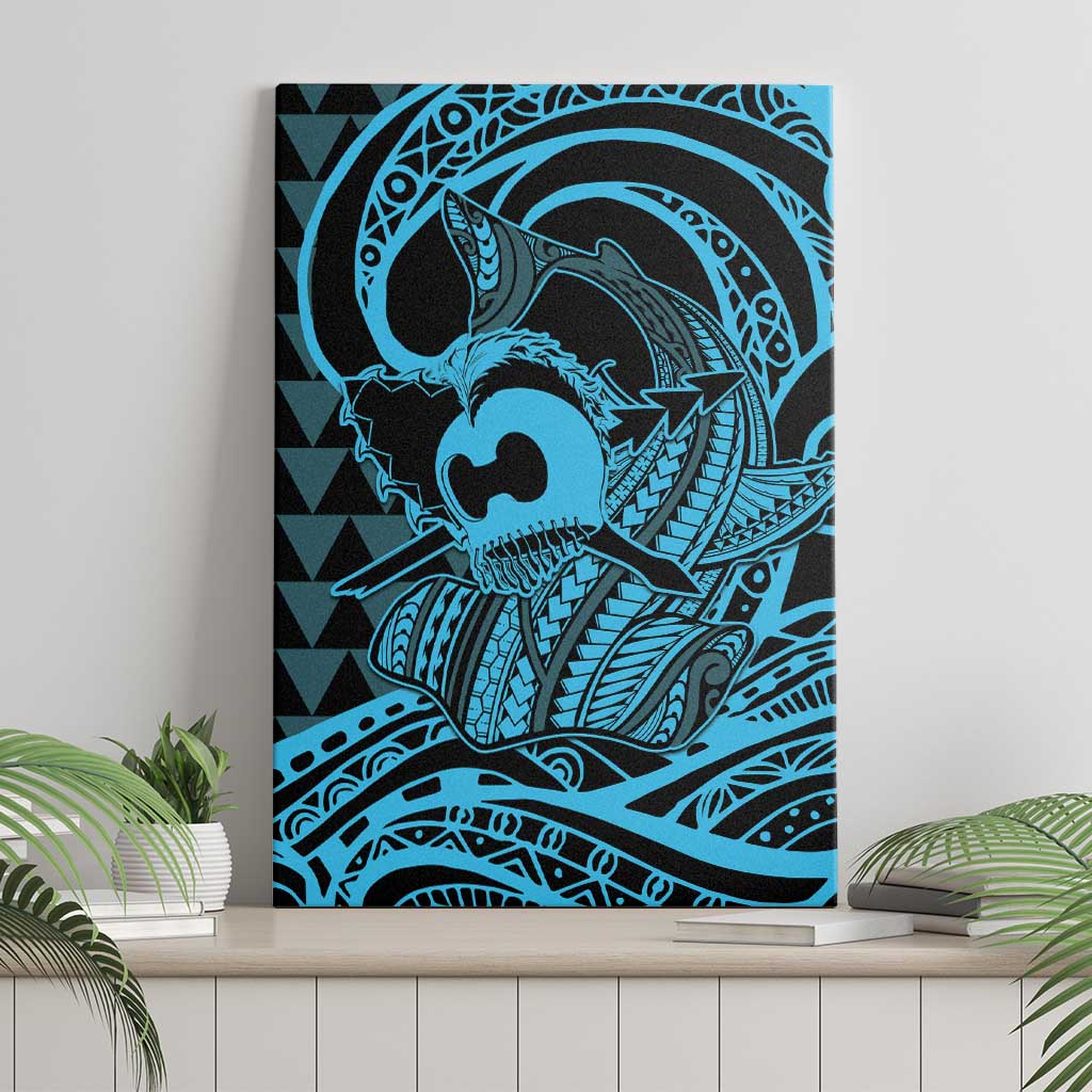 Koa Ikaika Warrior Helmet with Shark Canvas Wall Art Blue Kakau Style