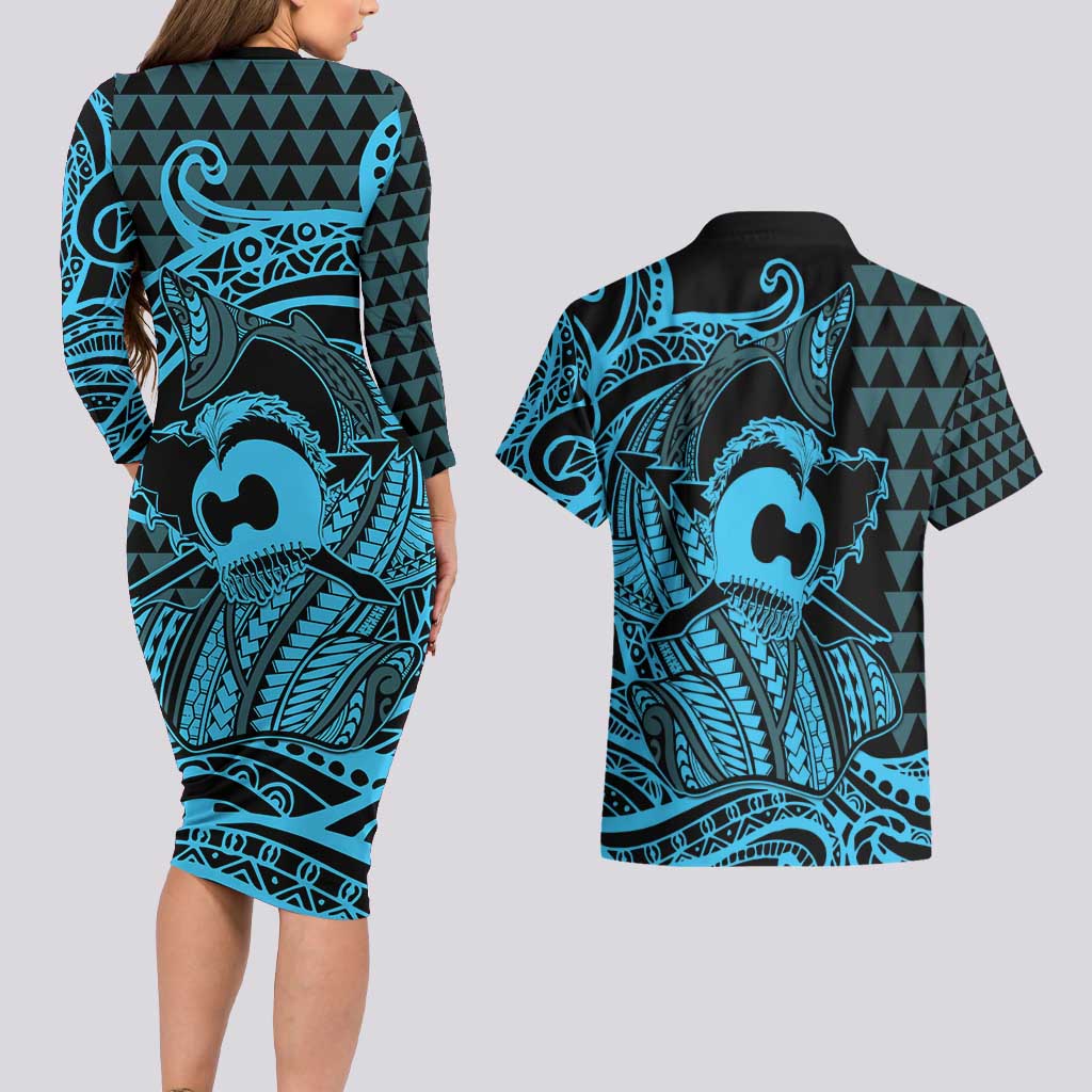 Koa Ikaika Warrior Helmet with Shark Couples Matching Long Sleeve Bodycon Dress and Hawaiian Shirt Blue Kakau Style
