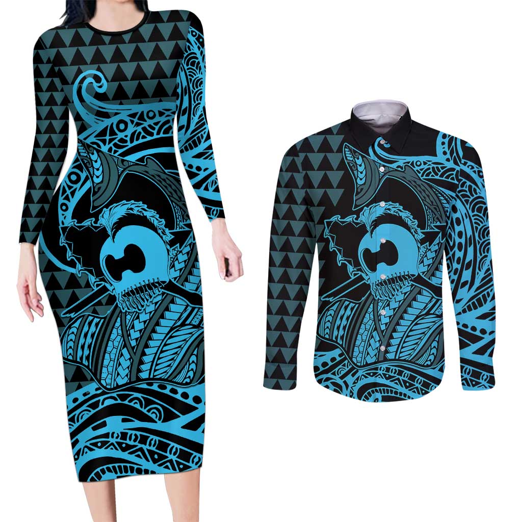 Koa Ikaika Warrior Helmet with Shark Couples Matching Long Sleeve Bodycon Dress and Long Sleeve Button Shirt Blue Kakau Style LT9 Blue - Polynesian Pride