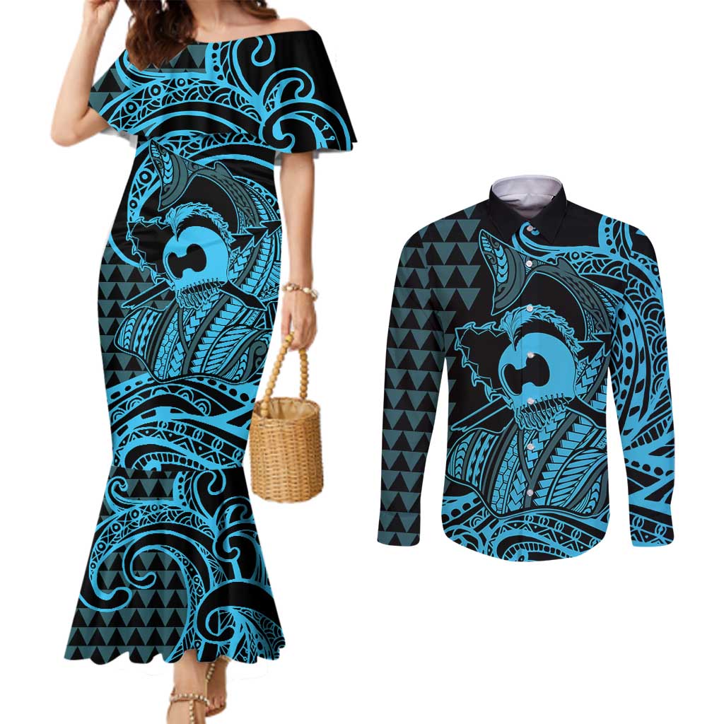 Koa Ikaika Warrior Helmet with Shark Couples Matching Mermaid Dress and Long Sleeve Button Shirt Blue Kakau Style LT9 Blue - Polynesian Pride