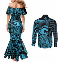 Koa Ikaika Warrior Helmet with Shark Couples Matching Mermaid Dress and Long Sleeve Button Shirt Blue Kakau Style