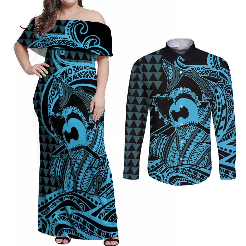 Koa Ikaika Warrior Helmet with Shark Couples Matching Off Shoulder Maxi Dress and Long Sleeve Button Shirt Blue Kakau Style LT9 Blue - Polynesian Pride