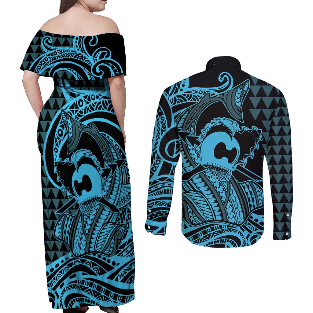 Koa Ikaika Warrior Helmet with Shark Couples Matching Off Shoulder Maxi Dress and Long Sleeve Button Shirt Blue Kakau Style