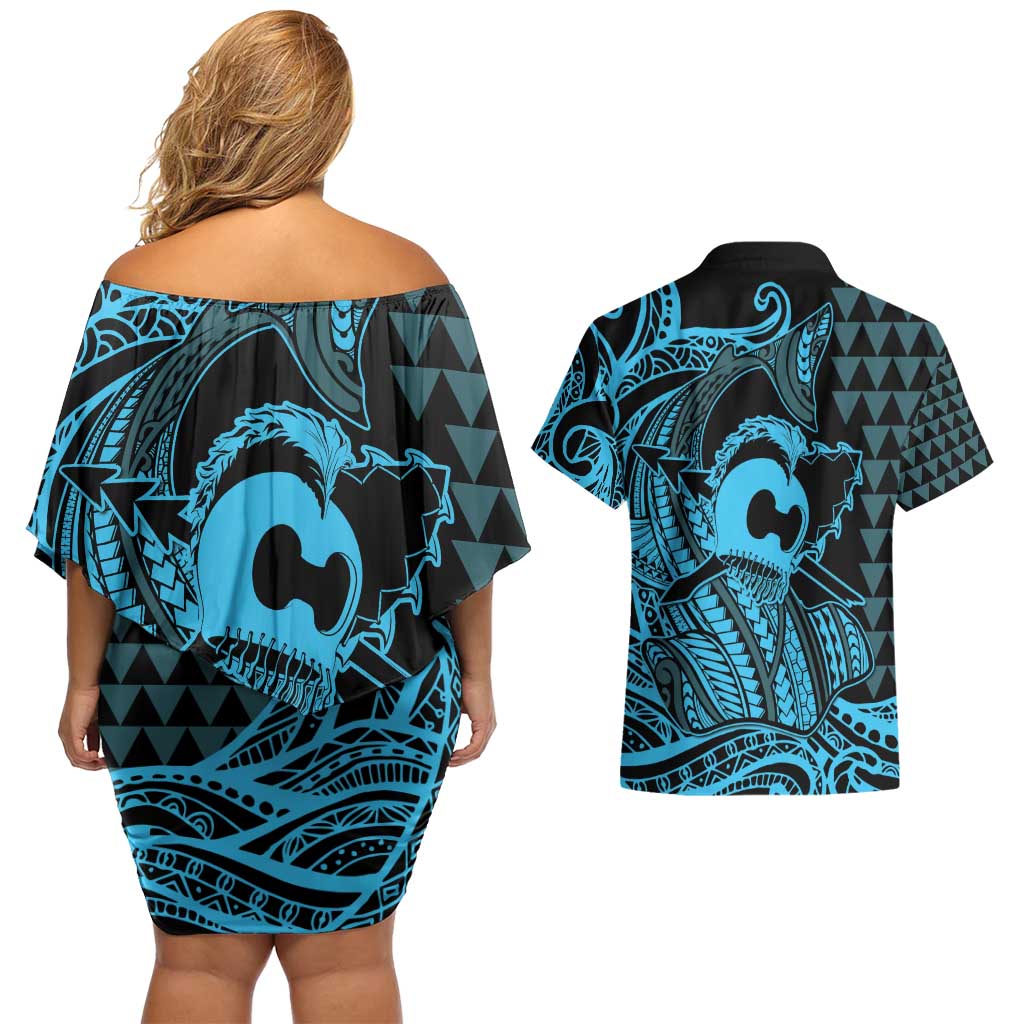 Koa Ikaika Warrior Helmet with Shark Couples Matching Off Shoulder Short Dress and Hawaiian Shirt Blue Kakau Style