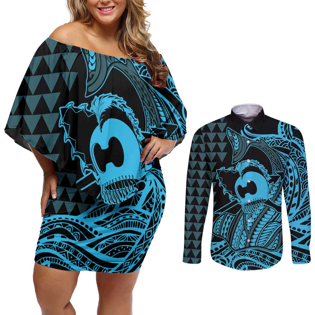 Koa Ikaika Warrior Helmet with Shark Couples Matching Off Shoulder Short Dress and Long Sleeve Button Shirt Blue Kakau Style LT9 Blue - Polynesian Pride