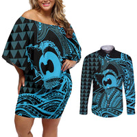 Koa Ikaika Warrior Helmet with Shark Couples Matching Off Shoulder Short Dress and Long Sleeve Button Shirt Blue Kakau Style