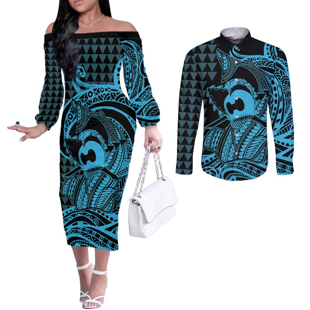 Koa Ikaika Warrior Helmet with Shark Couples Matching Off The Shoulder Long Sleeve Dress and Long Sleeve Button Shirt Blue Kakau Style LT9 Blue - Polynesian Pride
