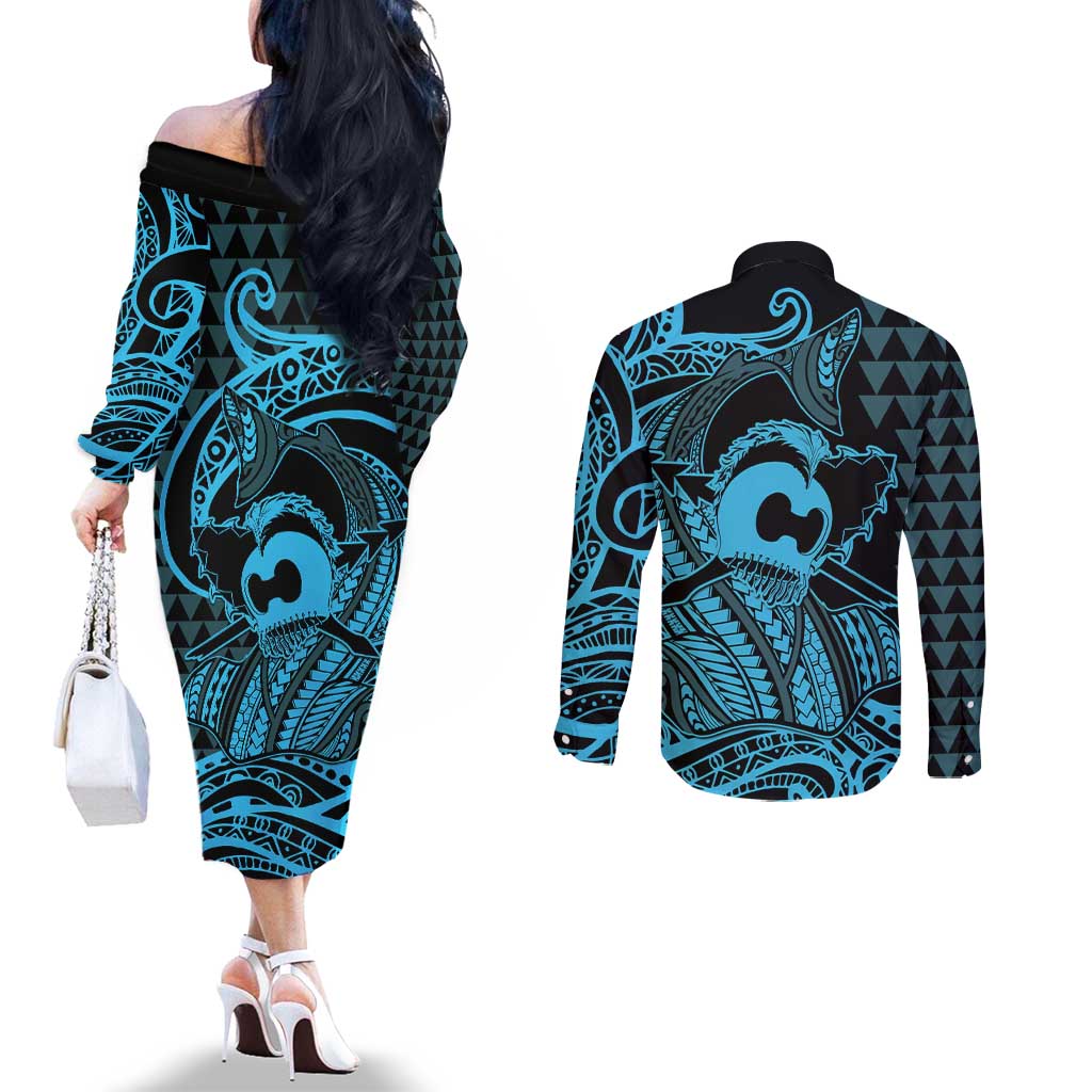 Koa Ikaika Warrior Helmet with Shark Couples Matching Off The Shoulder Long Sleeve Dress and Long Sleeve Button Shirt Blue Kakau Style
