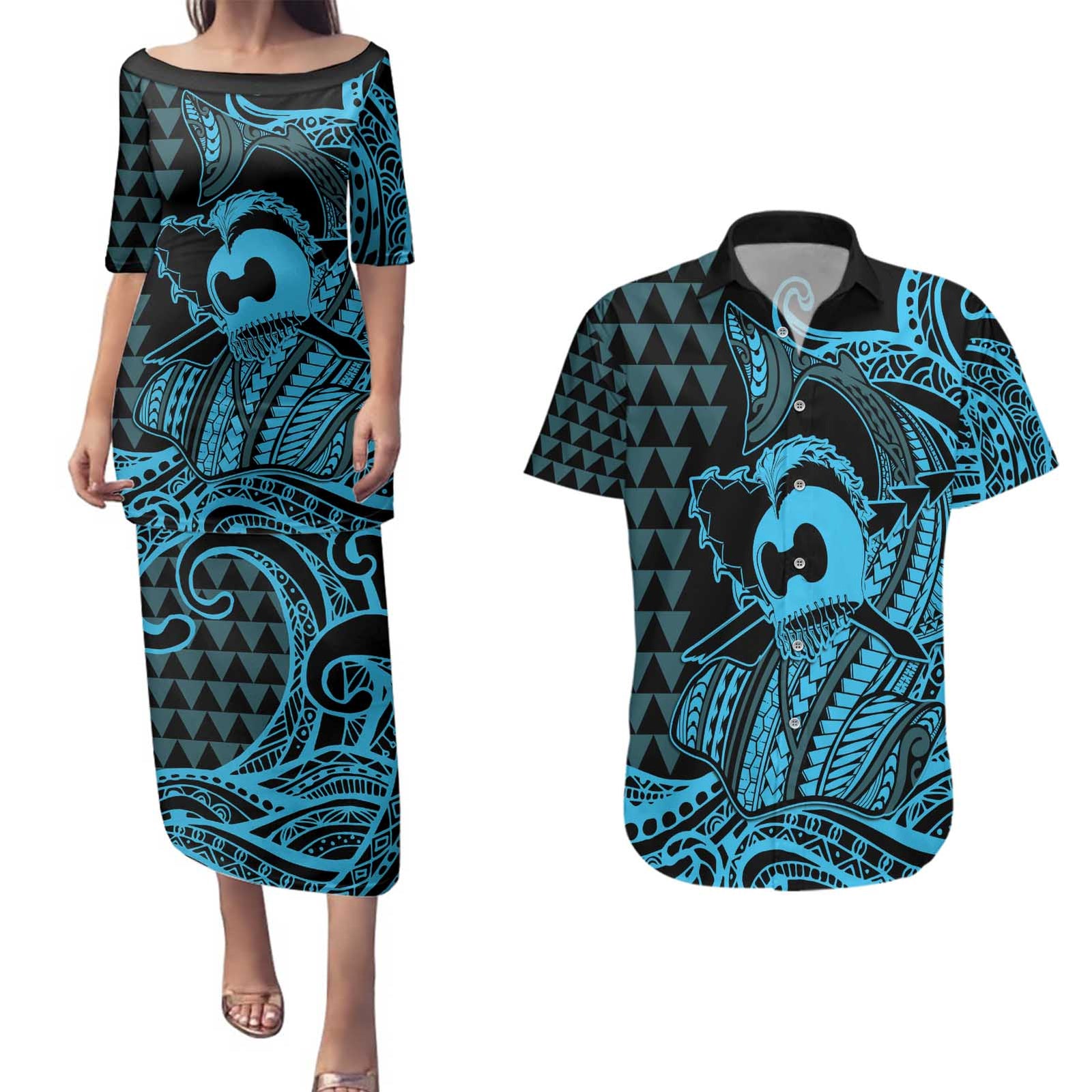 Koa Ikaika Warrior Helmet with Shark Couples Matching Puletasi and Hawaiian Shirt Blue Kakau Style