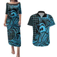 Koa Ikaika Warrior Helmet with Shark Couples Matching Puletasi and Hawaiian Shirt Blue Kakau Style