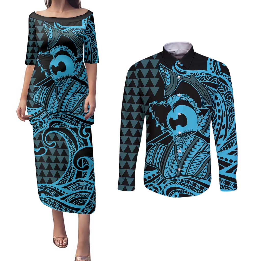 Koa Ikaika Warrior Helmet with Shark Couples Matching Puletasi and Long Sleeve Button Shirt Blue Kakau Style LT9 Blue - Polynesian Pride