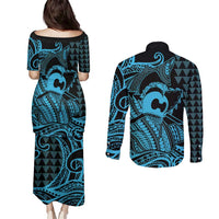 Koa Ikaika Warrior Helmet with Shark Couples Matching Puletasi and Long Sleeve Button Shirt Blue Kakau Style