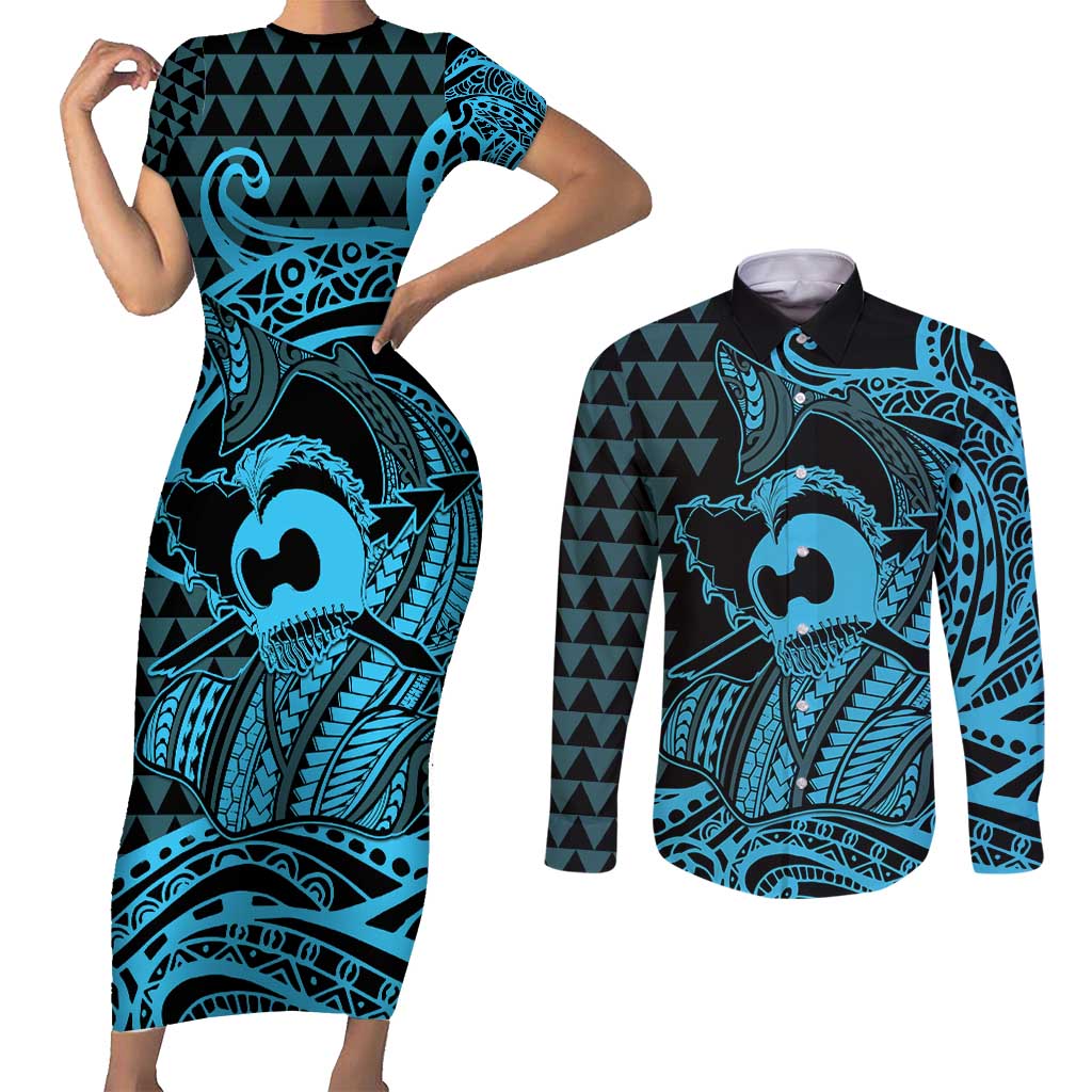 Koa Ikaika Warrior Helmet with Shark Couples Matching Short Sleeve Bodycon Dress and Long Sleeve Button Shirt Blue Kakau Style LT9 Blue - Polynesian Pride