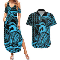 Koa Ikaika Warrior Helmet with Shark Couples Matching Summer Maxi Dress and Hawaiian Shirt Blue Kakau Style