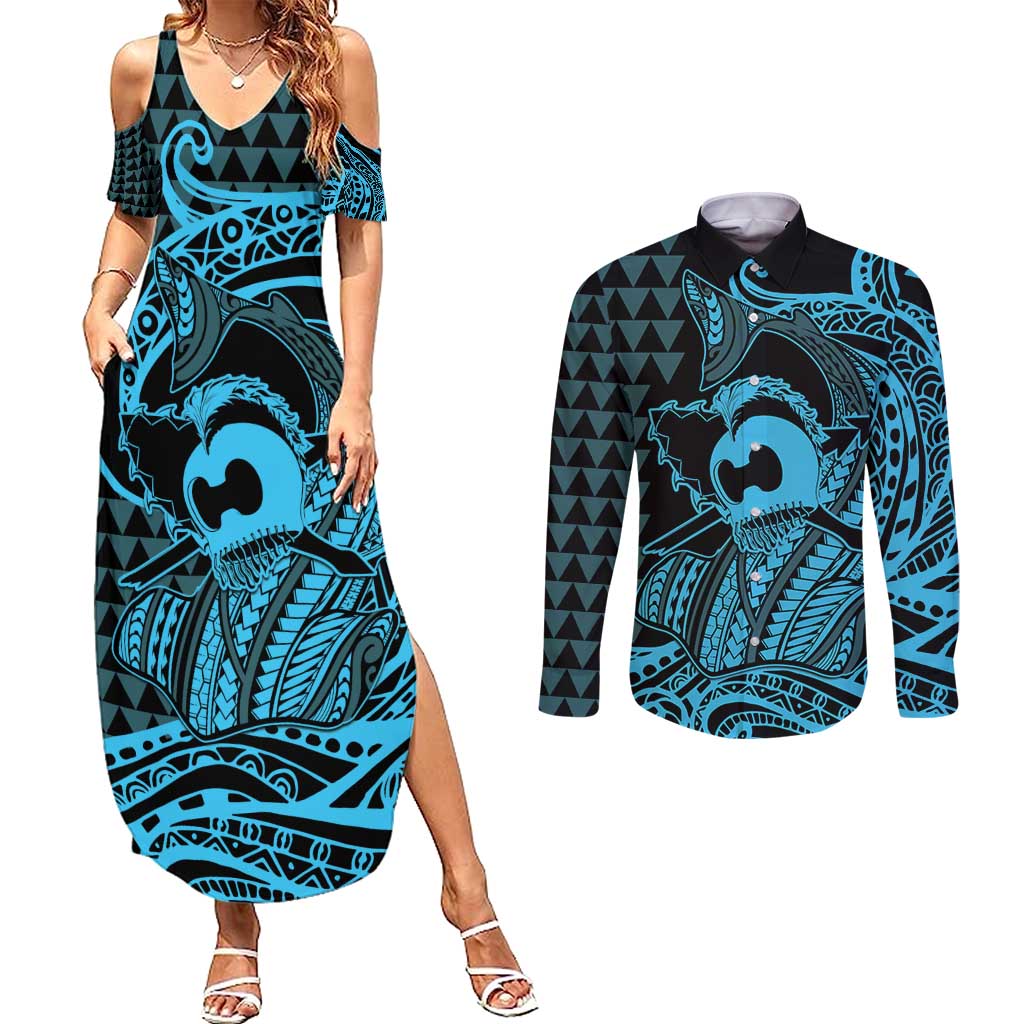 Koa Ikaika Warrior Helmet with Shark Couples Matching Summer Maxi Dress and Long Sleeve Button Shirt Blue Kakau Style LT9 Blue - Polynesian Pride