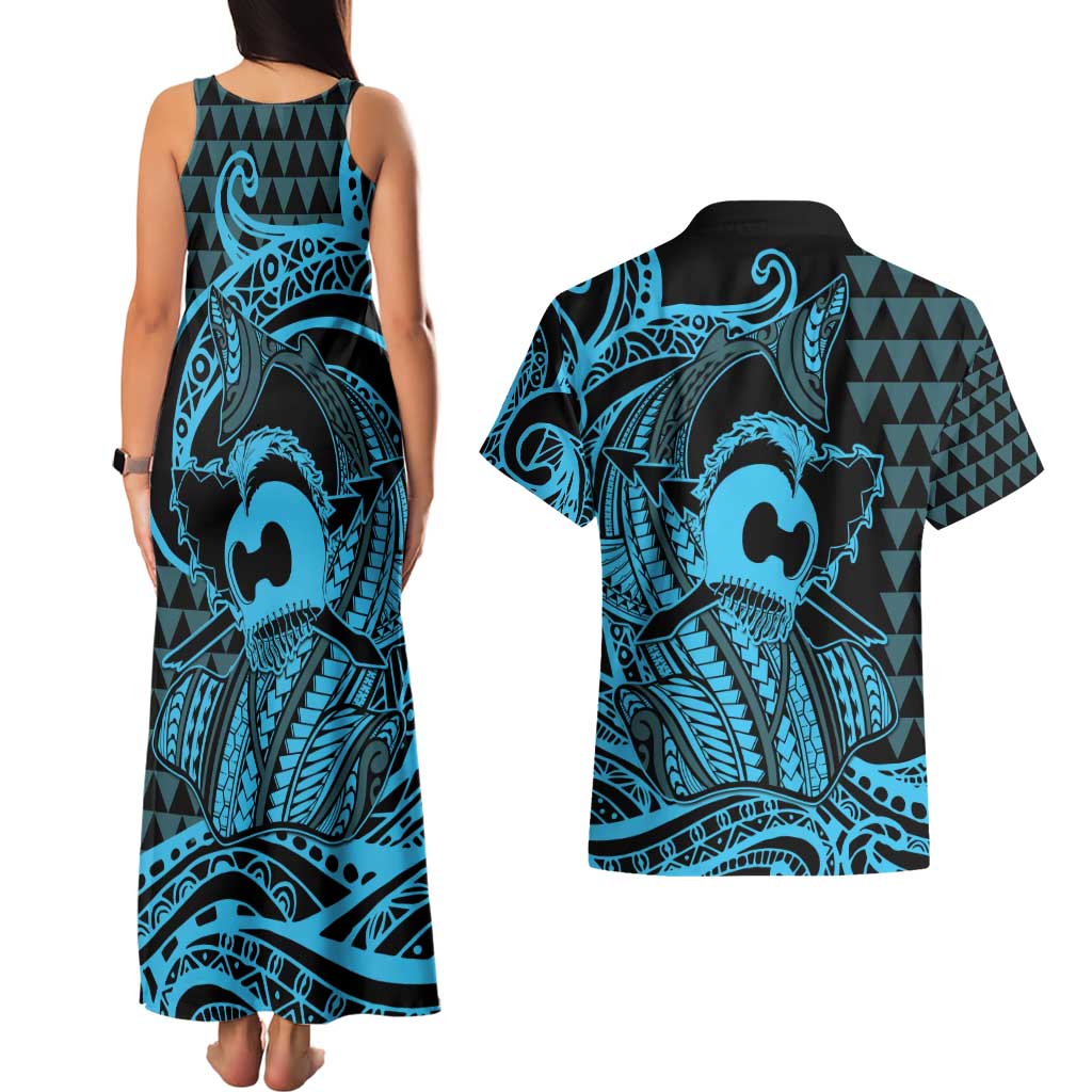 Koa Ikaika Warrior Helmet with Shark Couples Matching Tank Maxi Dress and Hawaiian Shirt Blue Kakau Style