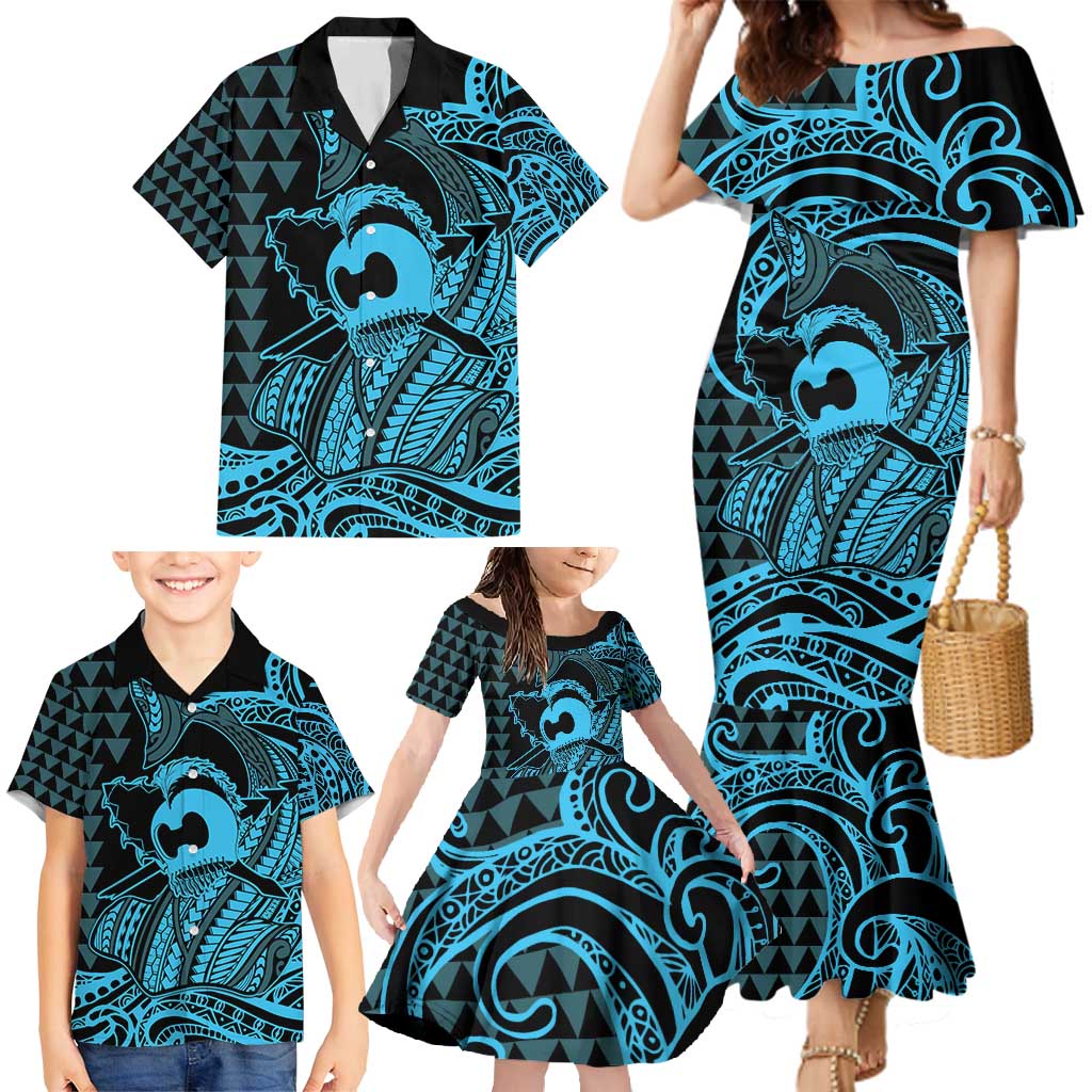 Koa Ikaika Warrior Helmet with Shark Family Matching Mermaid Dress and Hawaiian Shirt Blue Kakau Style