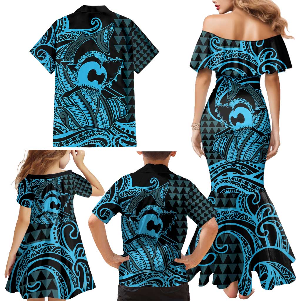 Koa Ikaika Warrior Helmet with Shark Family Matching Mermaid Dress and Hawaiian Shirt Blue Kakau Style