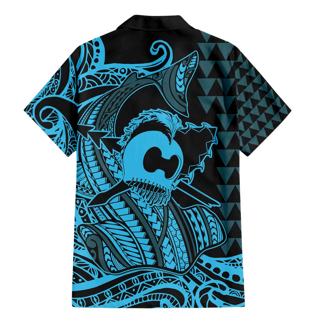 Koa Ikaika Warrior Helmet with Shark Family Matching Mermaid Dress and Hawaiian Shirt Blue Kakau Style