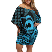 Koa Ikaika Warrior Helmet with Shark Family Matching Off Shoulder Short Dress and Hawaiian Shirt Blue Kakau Style