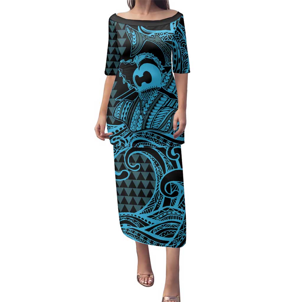 Koa Ikaika Warrior Helmet with Shark Family Matching Puletasi and Hawaiian Shirt Blue Kakau Style