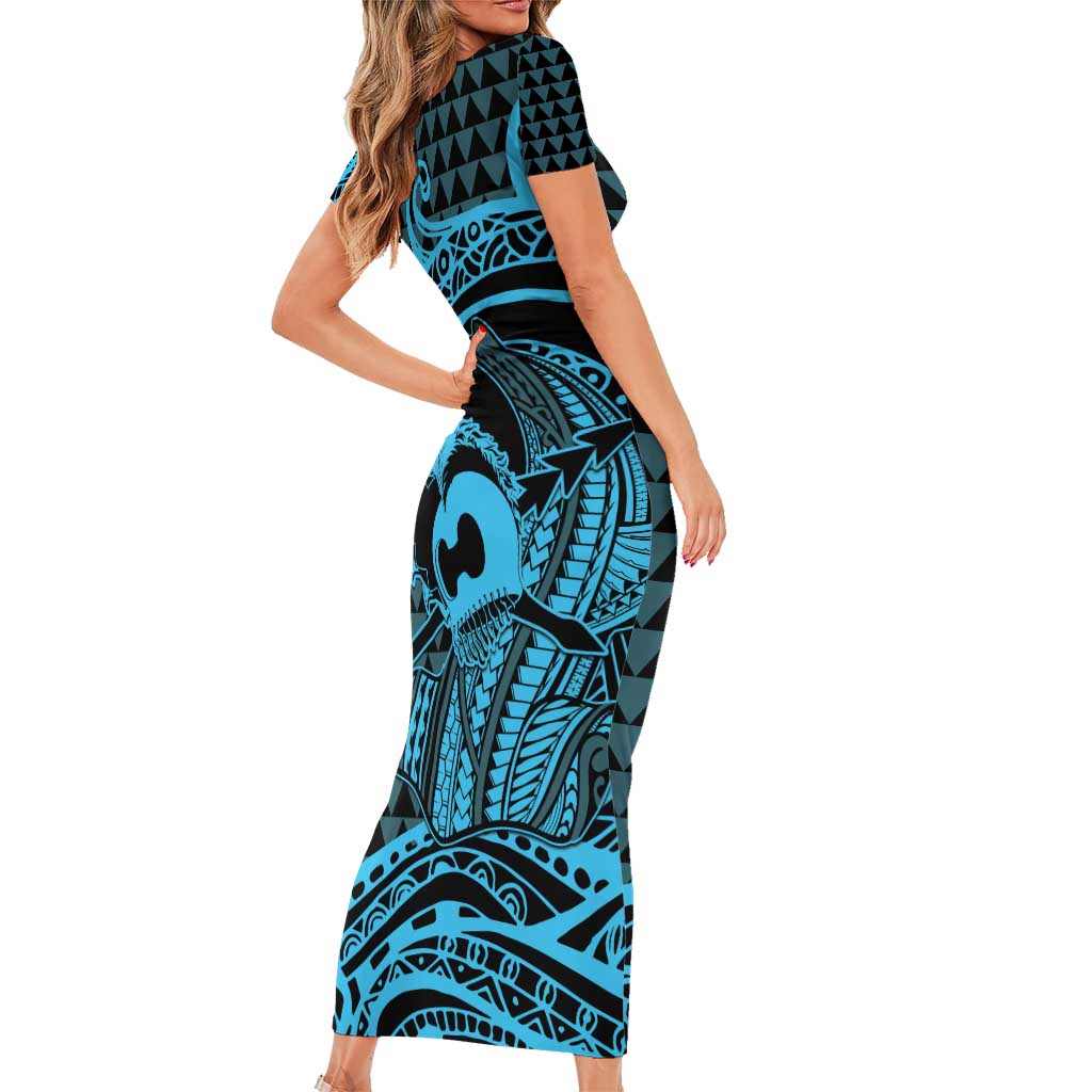 Koa Ikaika Warrior Helmet with Shark Family Matching Short Sleeve Bodycon Dress and Hawaiian Shirt Blue Kakau Style