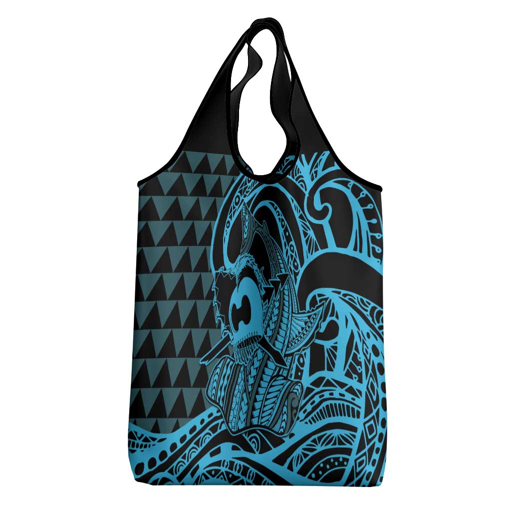 Koa Ikaika Warrior Helmet with Shark Grocery Bag Blue Kakau Style