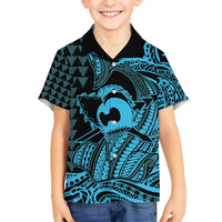Koa Ikaika Warrior Helmet with Shark Kid Hawaiian Shirt Blue Kakau Style