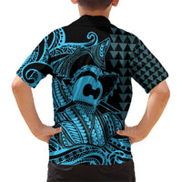 Koa Ikaika Warrior Helmet with Shark Kid Hawaiian Shirt Blue Kakau Style