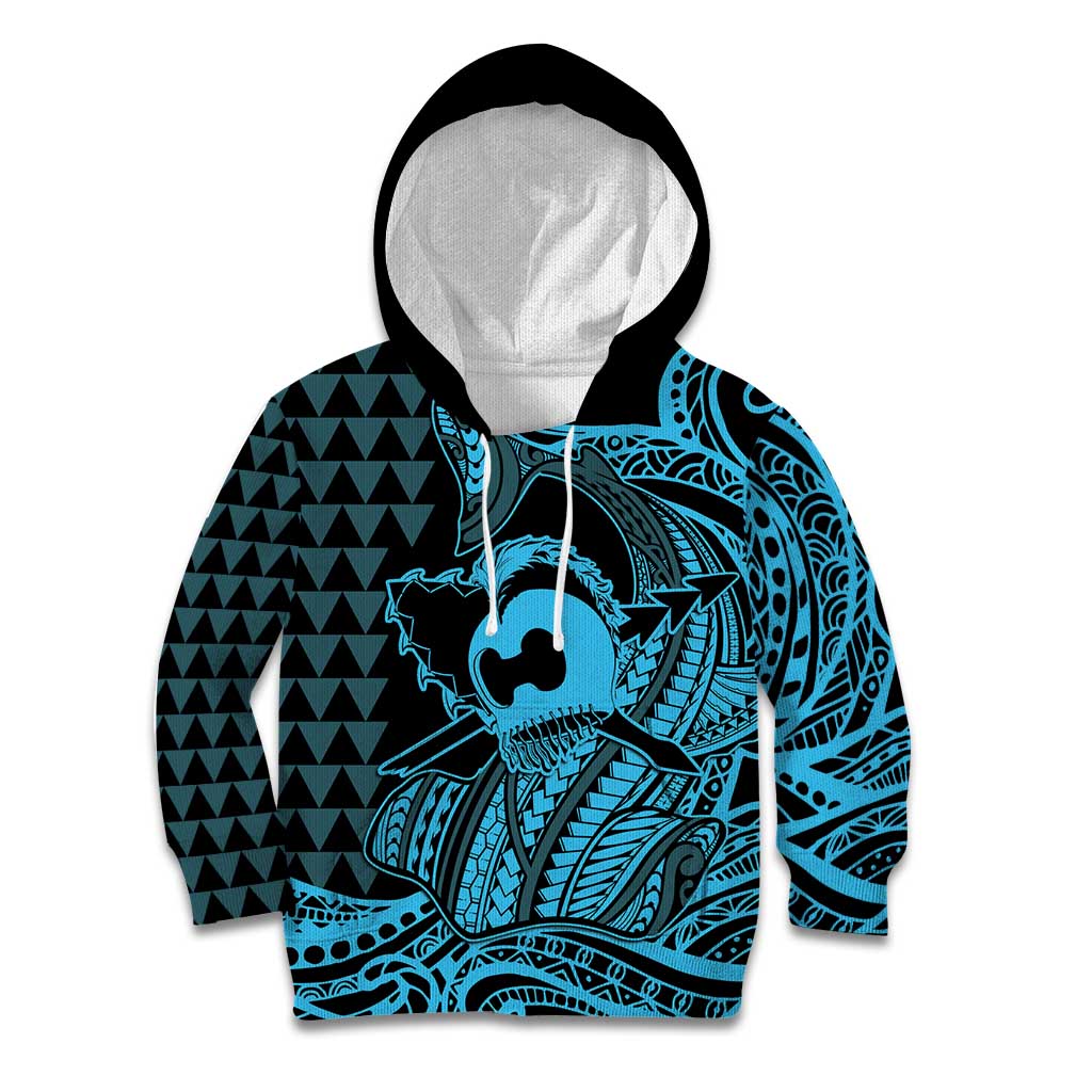 Koa Ikaika Warrior Helmet with Shark Kid Hoodie Blue Kakau Style LT9 Hoodie Blue - Polynesian Pride