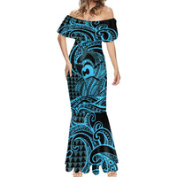 Koa Ikaika Warrior Helmet with Shark Mermaid Dress Blue Kakau Style