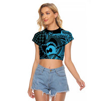 Koa Ikaika Warrior Helmet with Shark Raglan Cropped T Shirt Blue Kakau Style