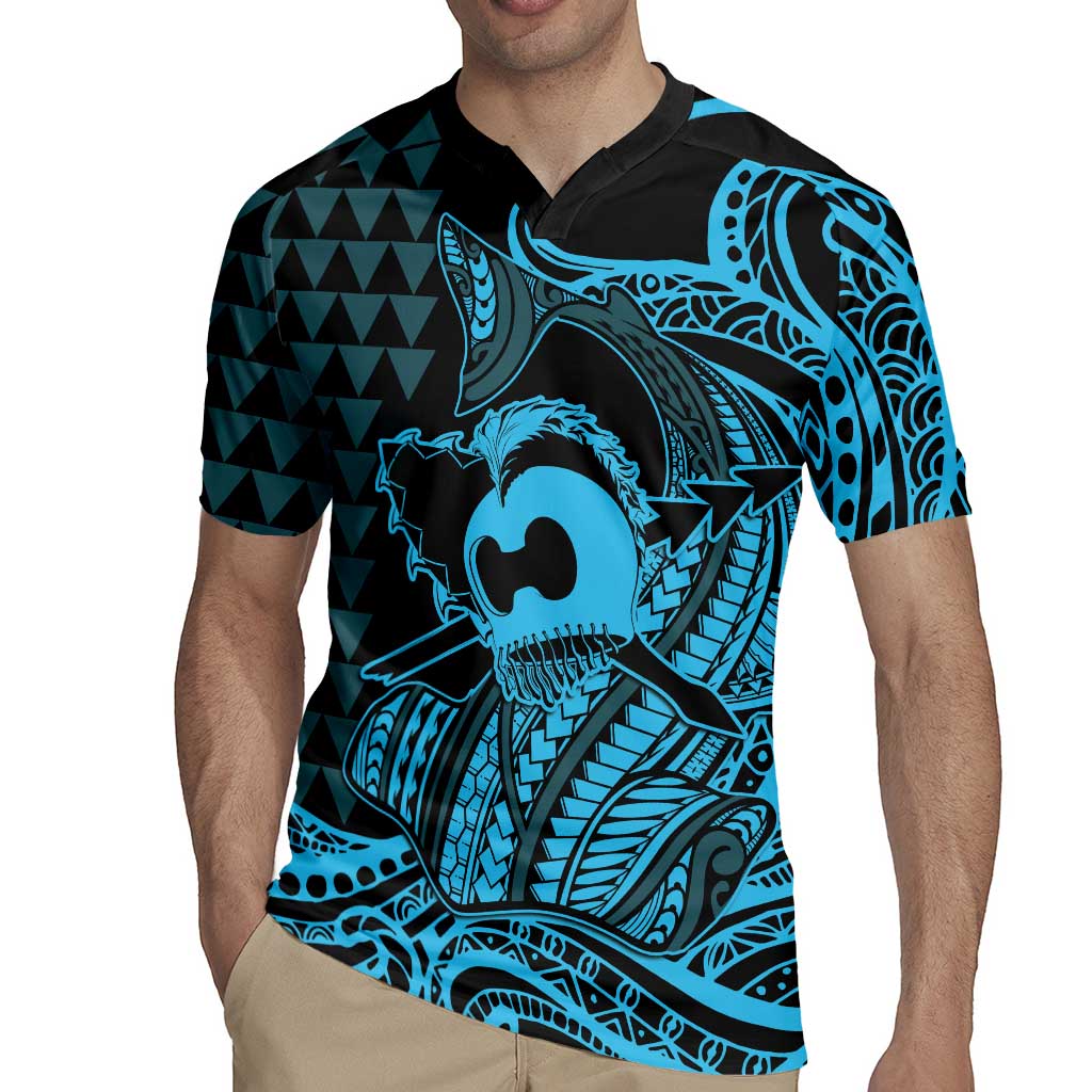 Koa Ikaika Warrior Helmet with Shark Rugby Jersey Blue Kakau Style