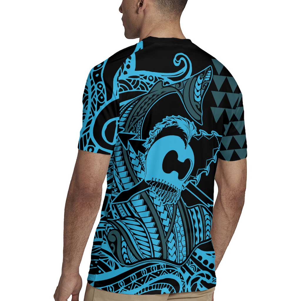 Koa Ikaika Warrior Helmet with Shark Rugby Jersey Blue Kakau Style