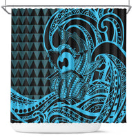 Koa Ikaika Warrior Helmet with Shark Shower Curtain Blue Kakau Style