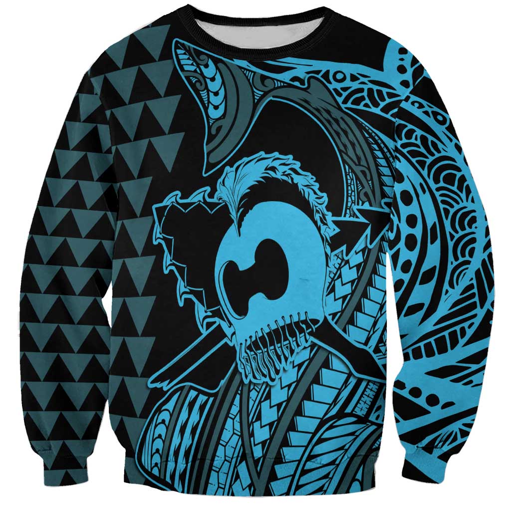 Koa Ikaika Warrior Helmet with Shark Sweatshirt Blue Kakau Style