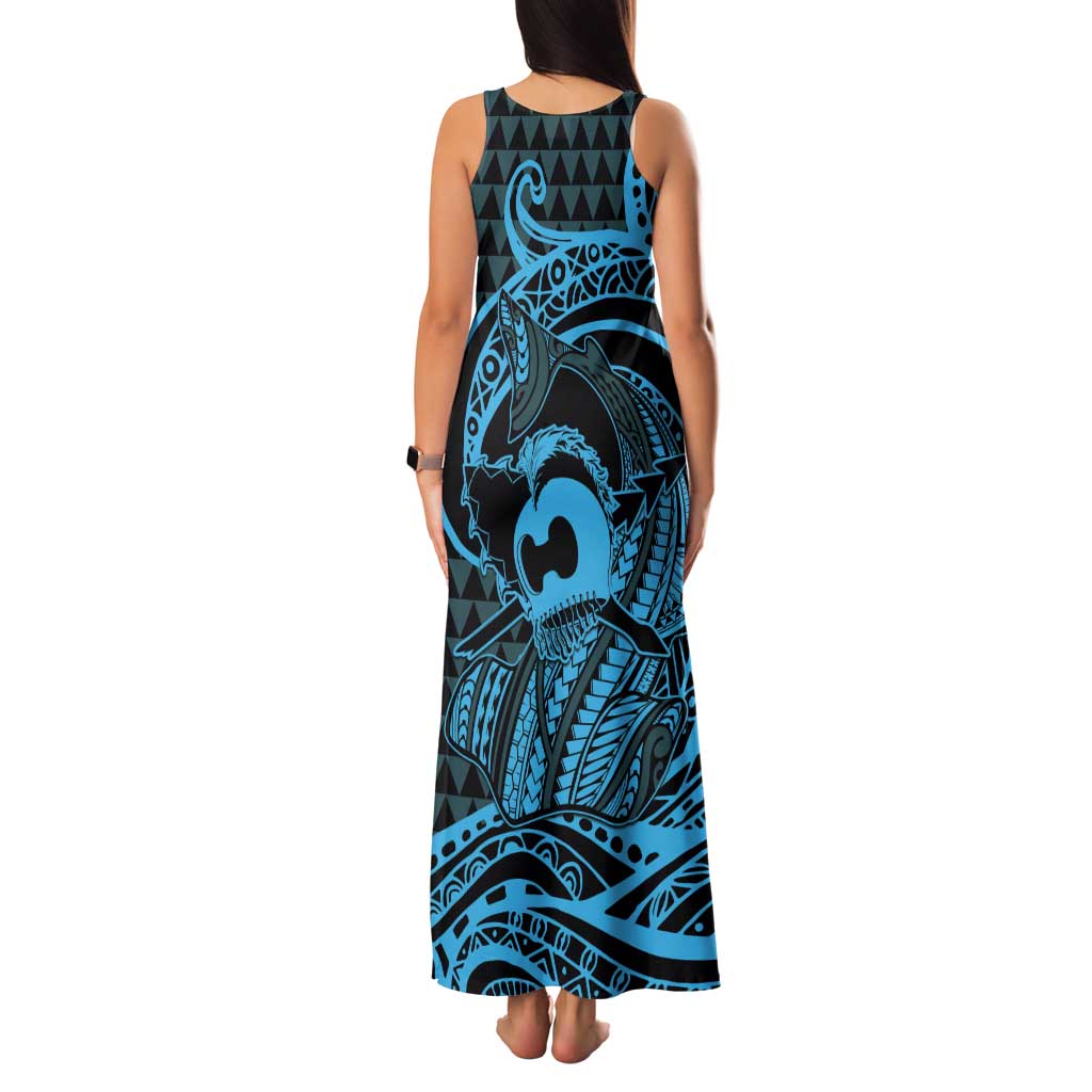 Koa Ikaika Warrior Helmet with Shark Tank Maxi Dress Blue Kakau Style
