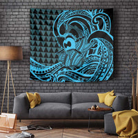 Koa Ikaika Warrior Helmet with Shark Tapestry Blue Kakau Style