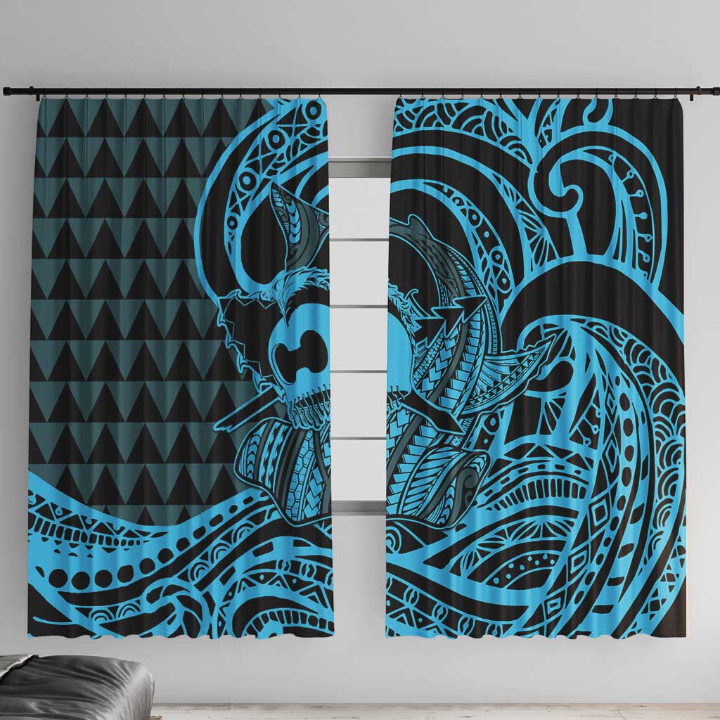 Koa Ikaika Warrior Helmet with Shark Window Curtain Blue Kakau Style LT9 With Hooks Blue - Polynesian Pride