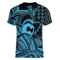 Koa Ikaika Warrior Helmet with Shark Women V-Neck T-Shirt Blue Kakau Style
