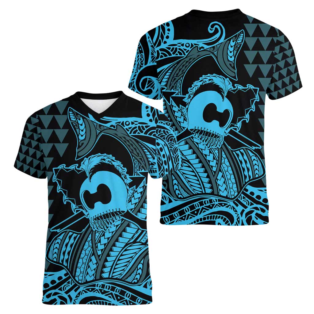 Koa Ikaika Warrior Helmet with Shark Women V-Neck T-Shirt Blue Kakau Style