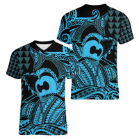 Koa Ikaika Warrior Helmet with Shark Women V-Neck T-Shirt Blue Kakau Style