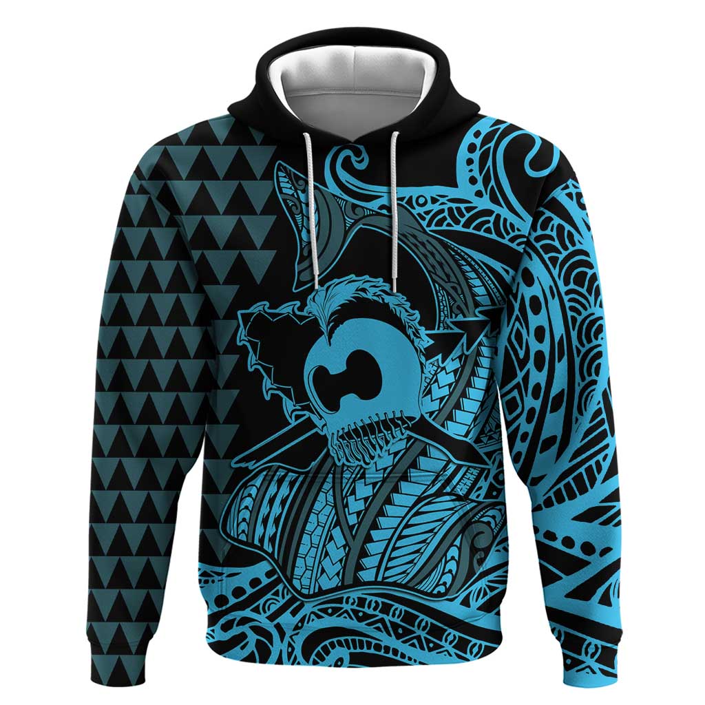 Koa Ikaika Warrior Helmet with Shark Zip Hoodie Blue Kakau Style LT9 Pullover Hoodie Blue - Polynesian Pride