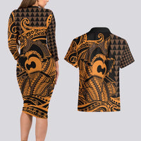 Koa Ikaika Warrior Helmet with Shark Couples Matching Long Sleeve Bodycon Dress and Hawaiian Shirt Gold Kakau Style