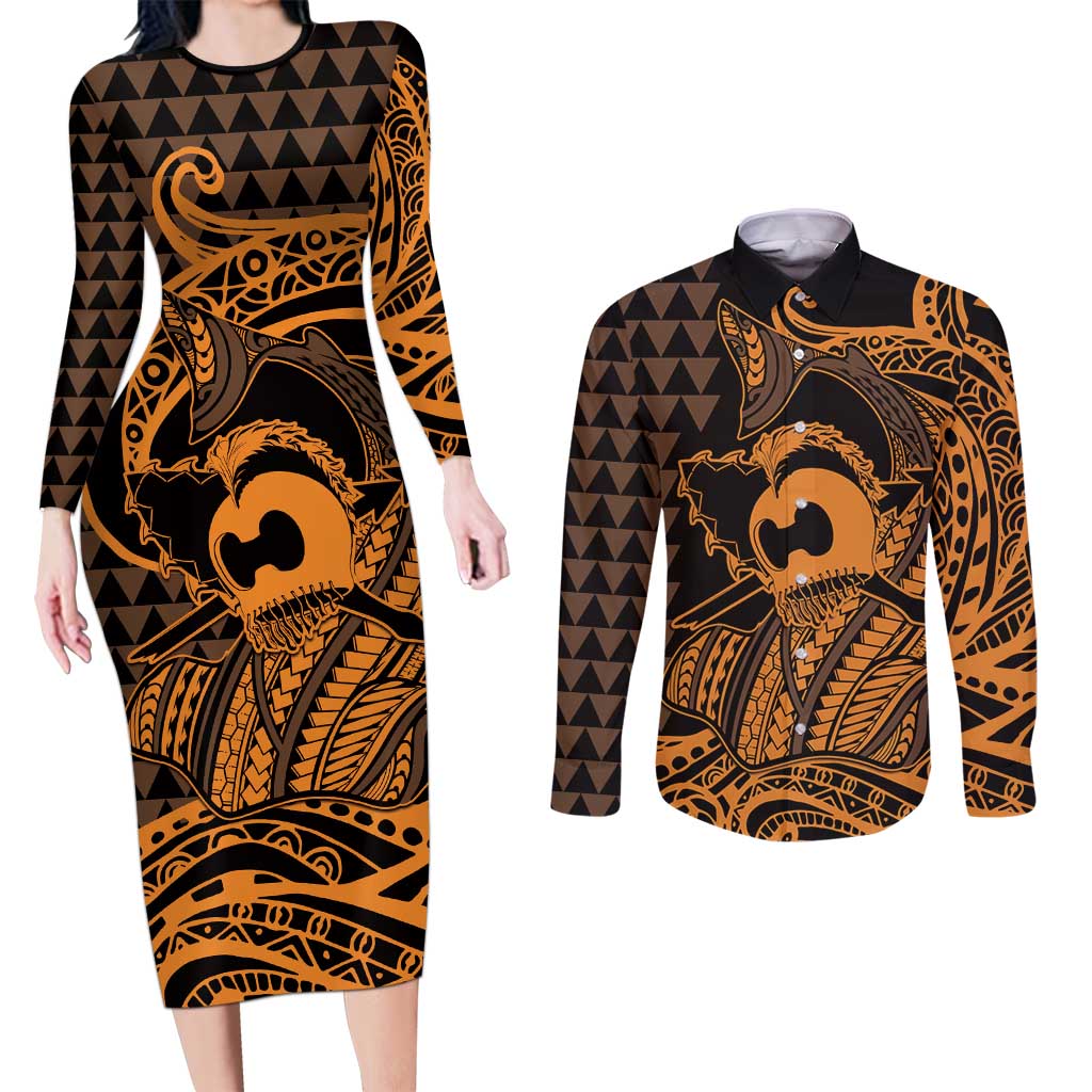 Koa Ikaika Warrior Helmet with Shark Couples Matching Long Sleeve Bodycon Dress and Long Sleeve Button Shirt Gold Kakau Style