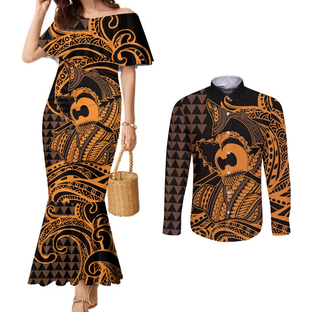 Koa Ikaika Warrior Helmet with Shark Couples Matching Mermaid Dress and Long Sleeve Button Shirt Gold Kakau Style LT9 Gold - Polynesian Pride
