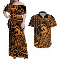 Koa Ikaika Warrior Helmet with Shark Couples Matching Off Shoulder Maxi Dress and Hawaiian Shirt Gold Kakau Style