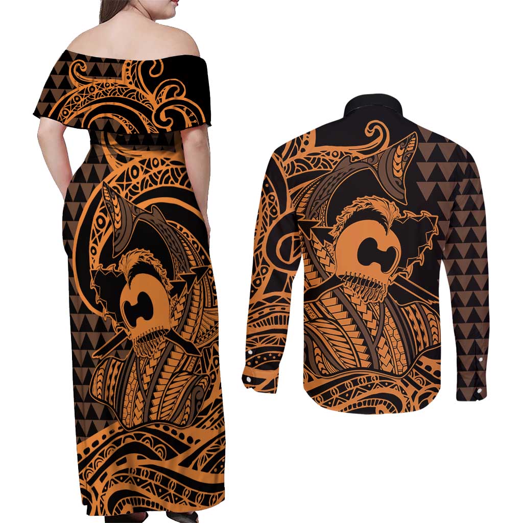 Koa Ikaika Warrior Helmet with Shark Couples Matching Off Shoulder Maxi Dress and Long Sleeve Button Shirt Gold Kakau Style