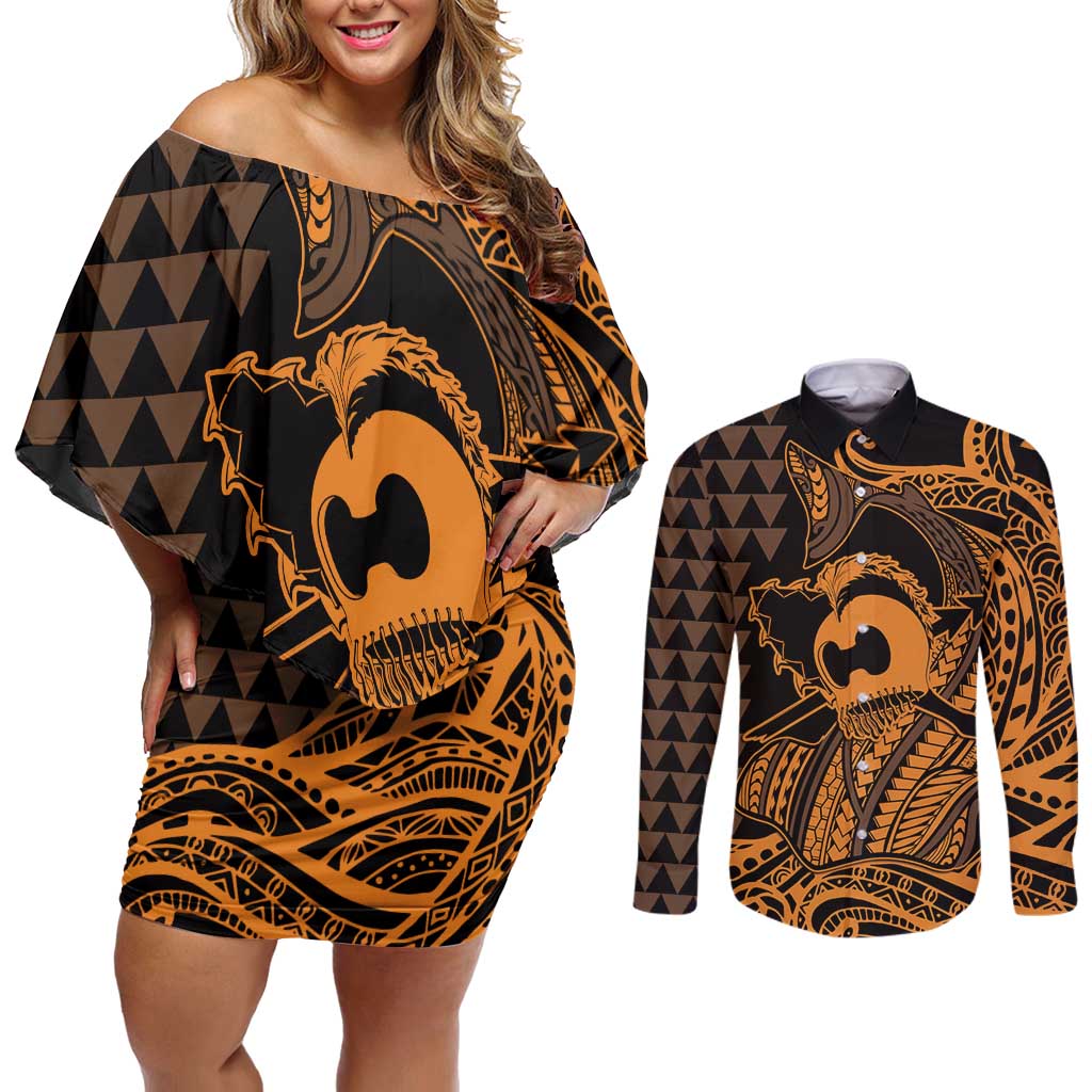 Koa Ikaika Warrior Helmet with Shark Couples Matching Off Shoulder Short Dress and Long Sleeve Button Shirt Gold Kakau Style LT9 Gold - Polynesian Pride