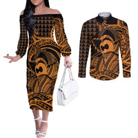 Koa Ikaika Warrior Helmet with Shark Couples Matching Off The Shoulder Long Sleeve Dress and Long Sleeve Button Shirt Gold Kakau Style